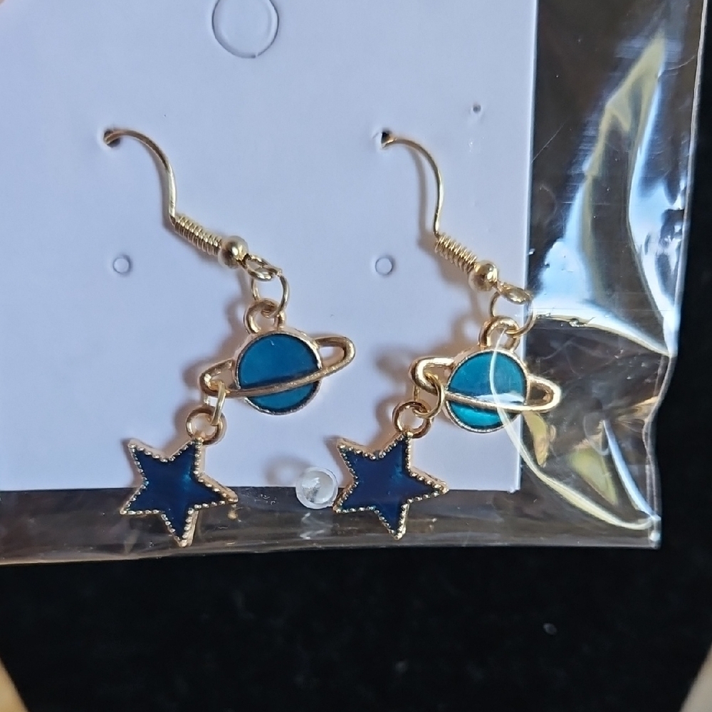 Gold and Blue Planet Star Dangle Earrings Jewelry